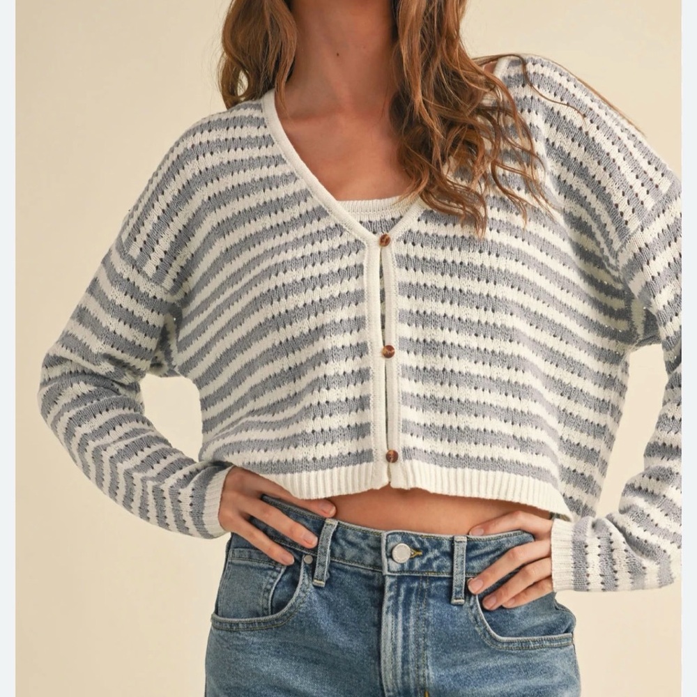 Cropped Striped Knit Cardigan - White & Light Gray
